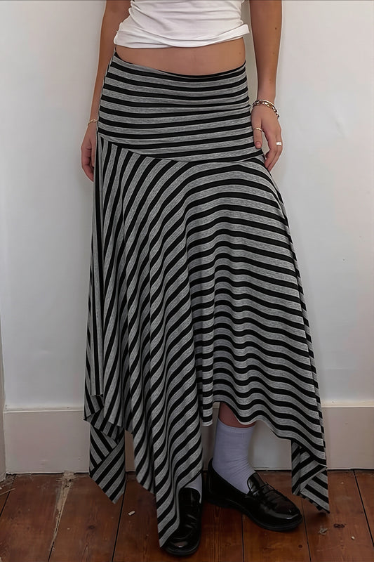 Gray Striped Ruched Asymmetric Maxi Skirt