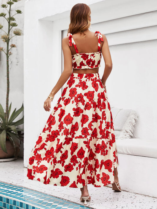 Skirt Tie Tiered Top With Full-Length Flowered Shoulder Set