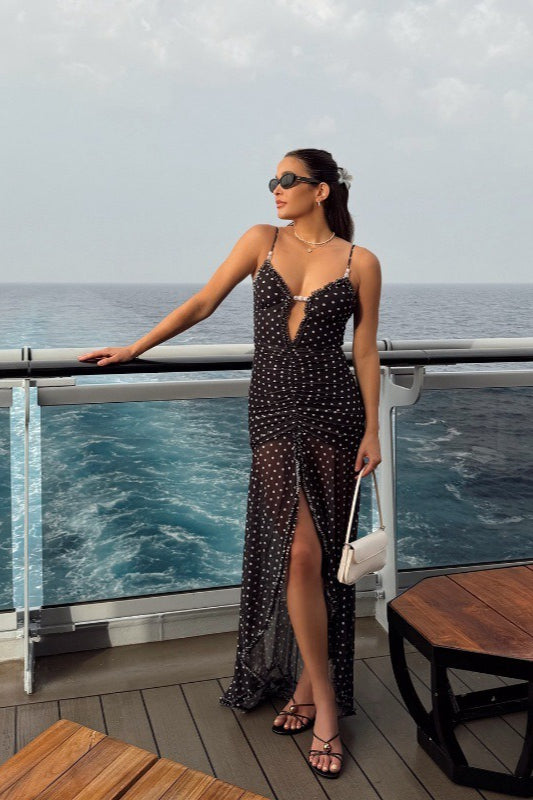 Robe longue caraco en maille et dentelle froncée à pois