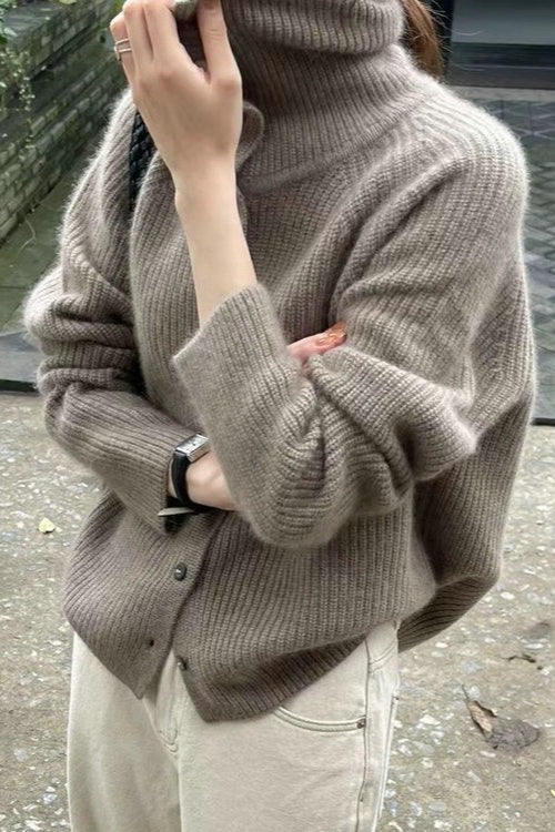 Retro Textured Rib Slim-Fit Single-Row Button Loose Solid Knit Cardigan