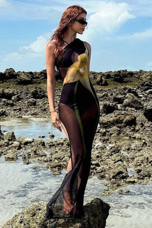 Robe longue sexy asymétrique en maille à imprimé floral et fente transparente