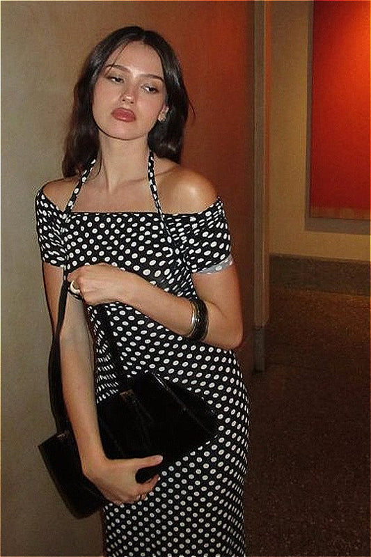 Robe longue moulante sexy à pois et col licou