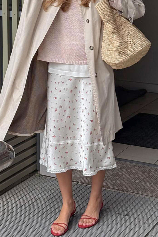 Jupe midi à empiècements en dentelle florale