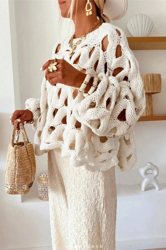 Openwork Leaf Texture Crew Neck Knit Sweater