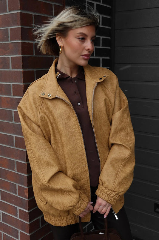 Veste vintage en cuir PU à col montant