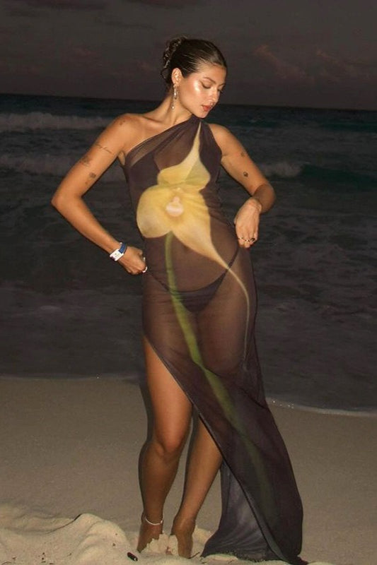 Robe longue sexy asymétrique en maille à imprimé floral et fente transparente