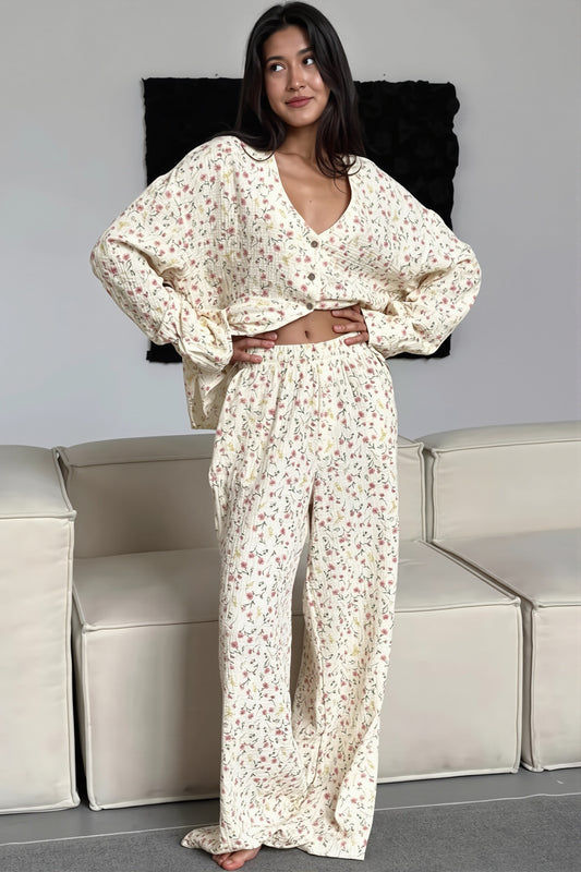 Floral V Neck Casual Pants Set