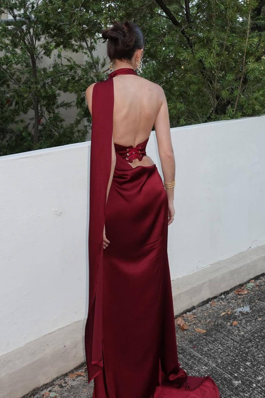 Halter Satin Elegant Solid Color Prom Dress