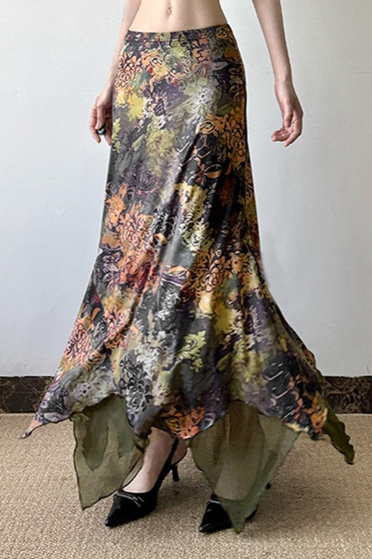 Jupe longue trapèze en maille à imprimé botanique