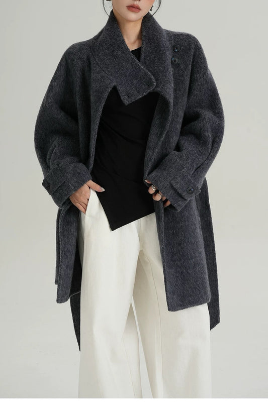 Chic Solid Wool Warm Loose Mock-neck Coat