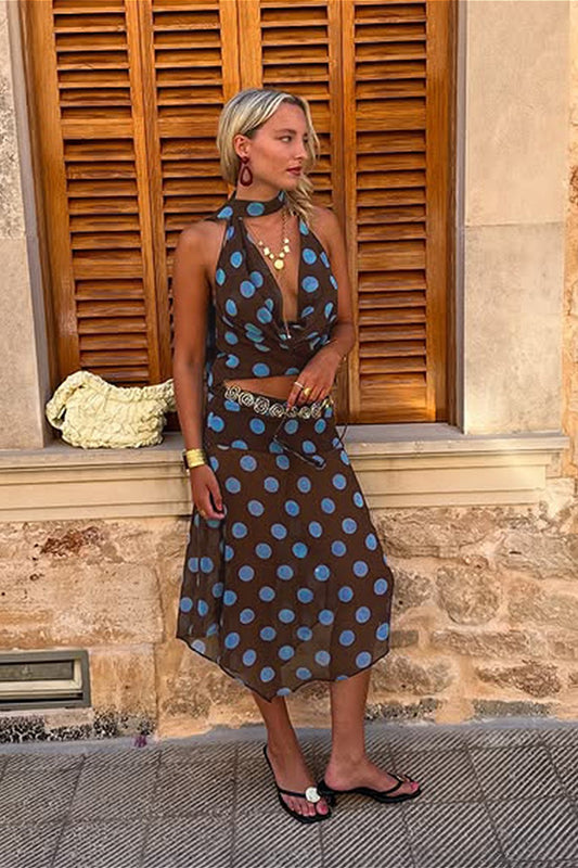 Ensemble deux pièces en maille à pois colorblock