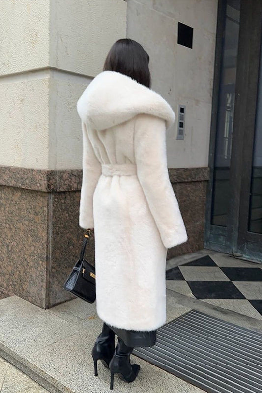 Faux Mink Fur Long Hooded Belted Plush Overcoat