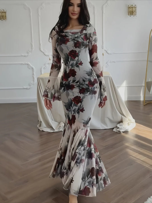 Robe de soirée romantique à manches longues et imprimé floral