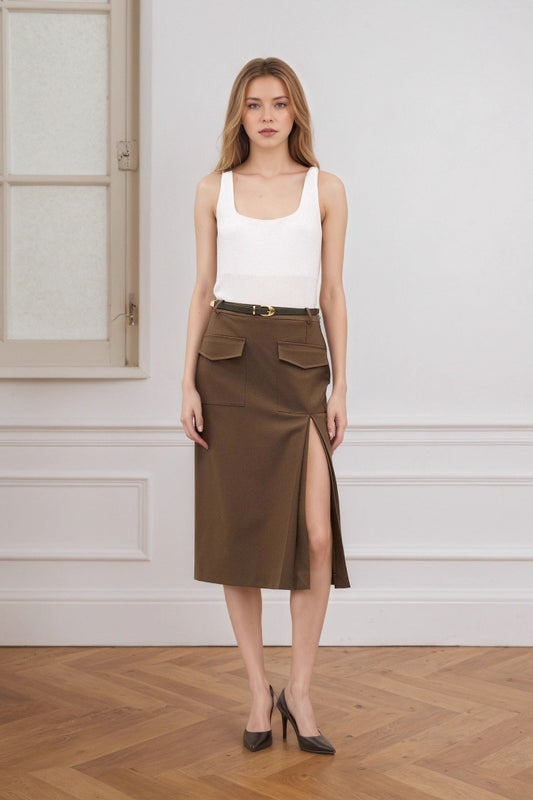 Jupe mi-longue fendue taille haute