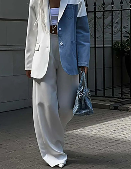 Ensemble deux pièces de bureau avec pantalon patchwork en denim blanc