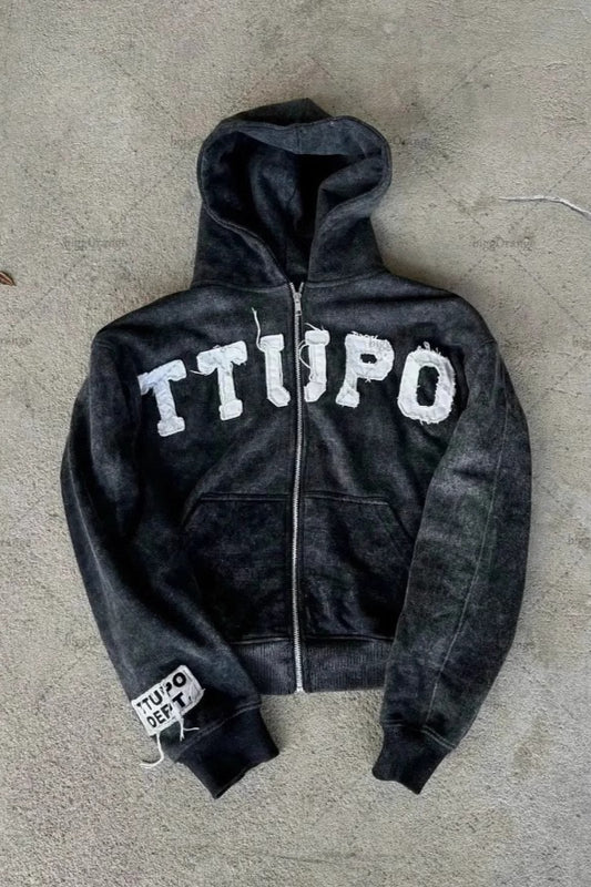 Letter Patch Zip Hoodie