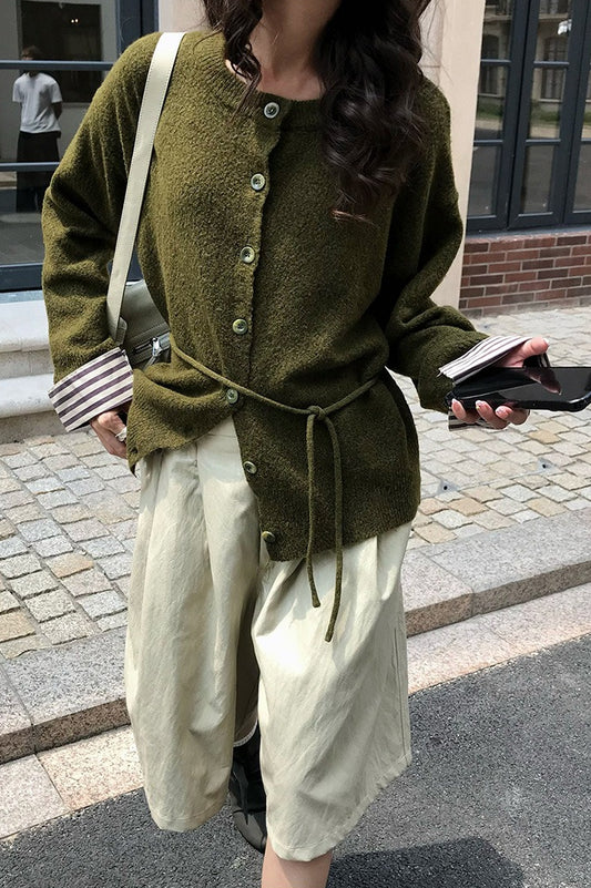 Color-Block Belted Lazy-Style Knit Cardigan