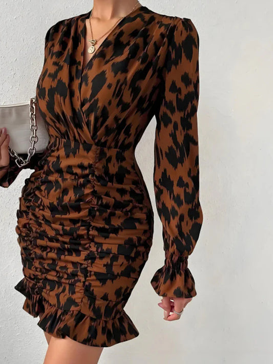 Robe courte moulante à imprimé léopard, col en V, taille nouée, robe de soirée