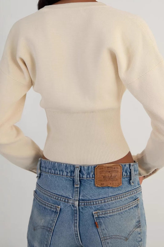 Ribbed Crew Neck Fitted Button Knit Cardigan