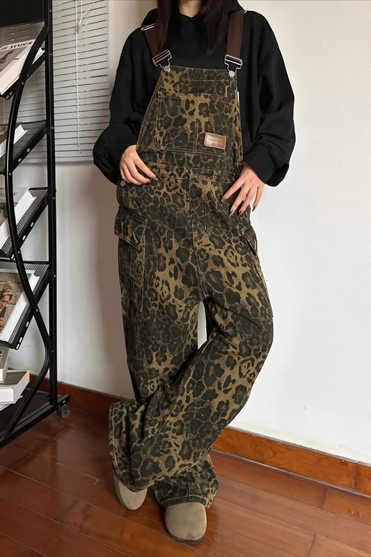 Leopard Print Denim Overall Jeans