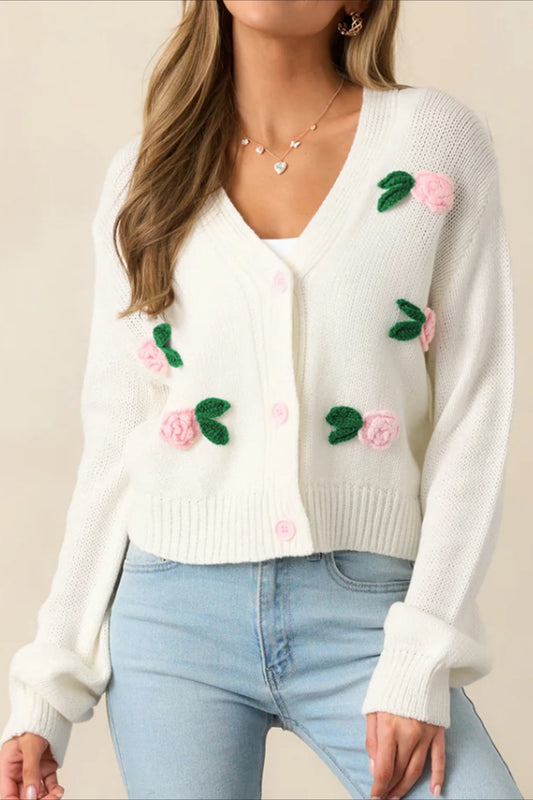 Cardigan boutonné en tricot à fleurs 3D