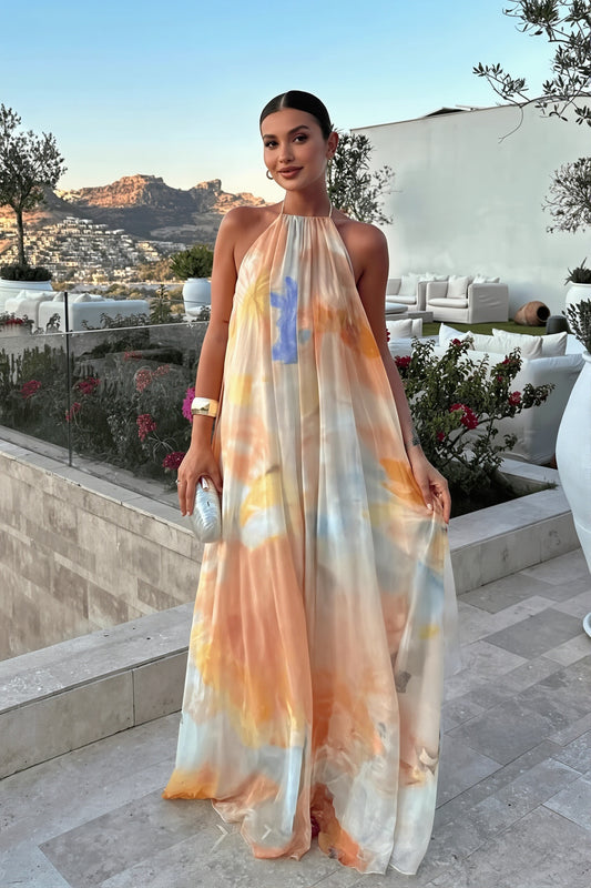 Chiffon Printed Halter Backless Maxi Dress