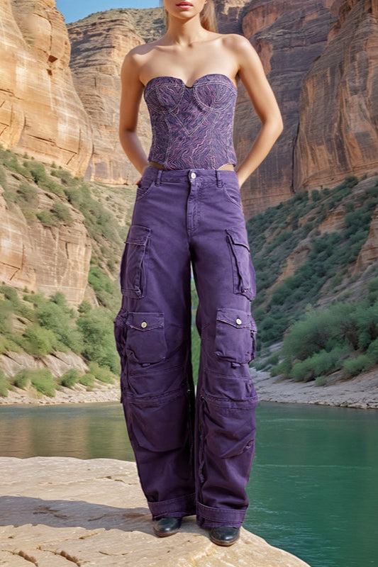 Pantalon cargo en denim taille haute surdimensionné avec poches