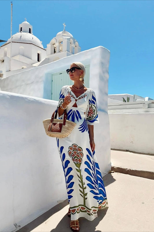 Robe longue slim dos nu à imprimé floral de vacances