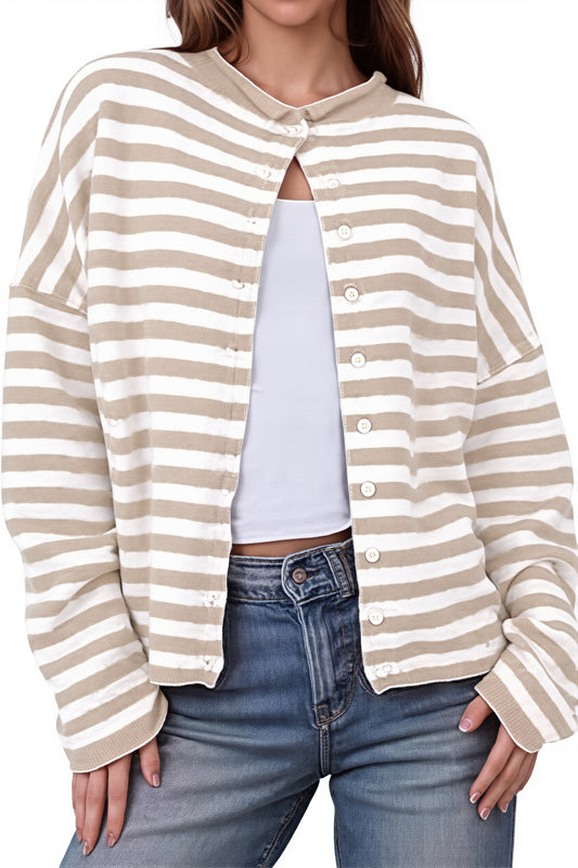 Neutral Stripe Crew Neck Button Knit Cardigan