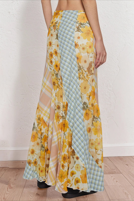 Jupe droite à empiècements floraux contrastés