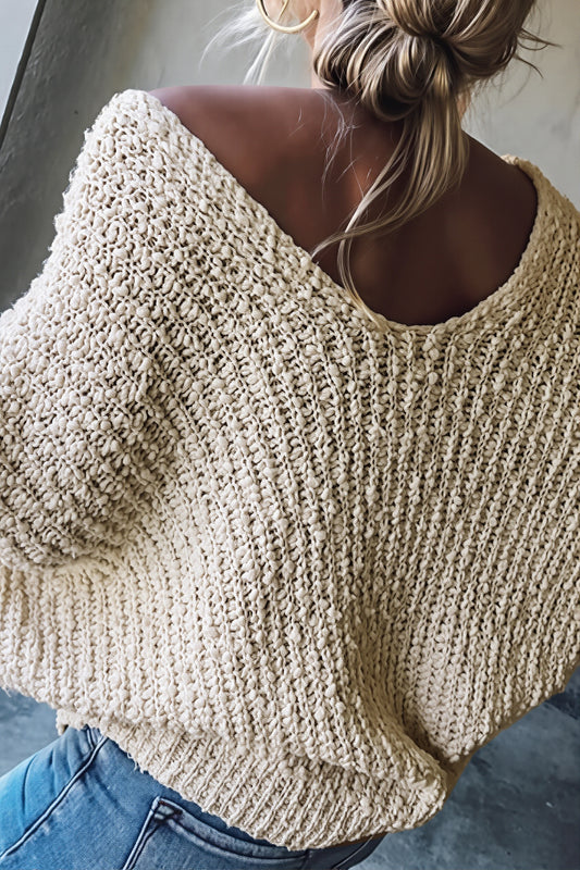 Open Knit Deep V Neck Sweater