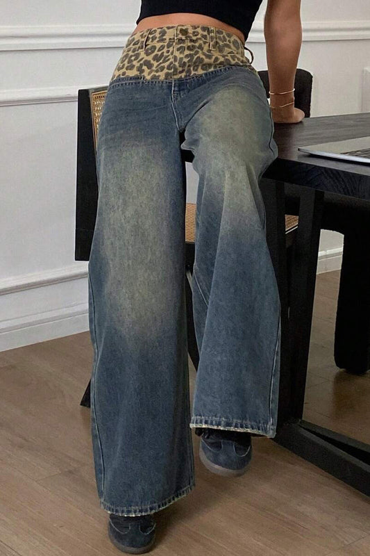 Jean large à patch léopard vintage
