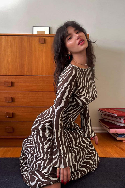 Robe longue moulante à imprimé floral et col rond