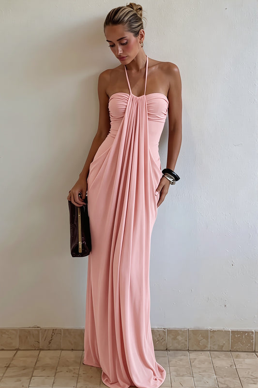 Twist Front Halter Ruched Maxi Dress