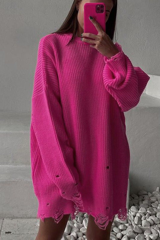 Distressed Hem Turtleneck Oversized Knit Sweater