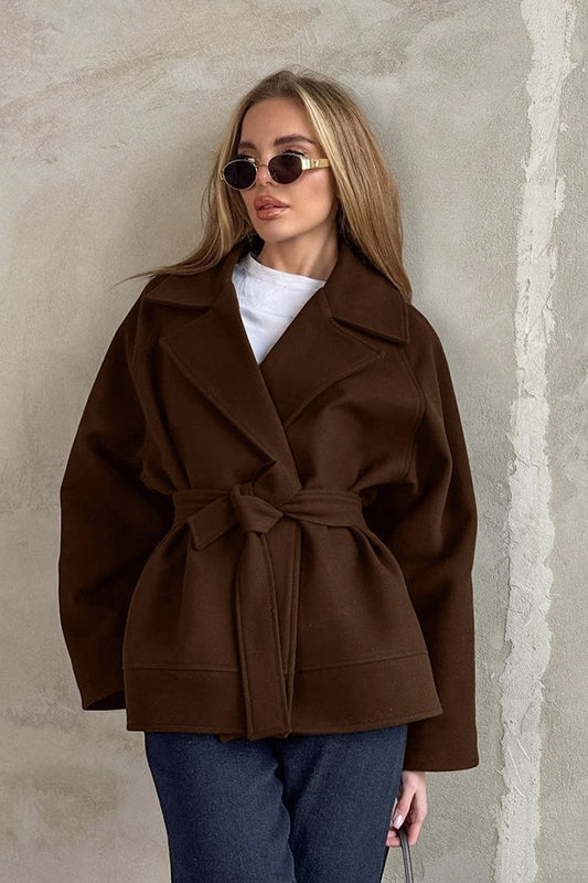 Manteau mi-long en laine mélangée marron vintage avec ceinture