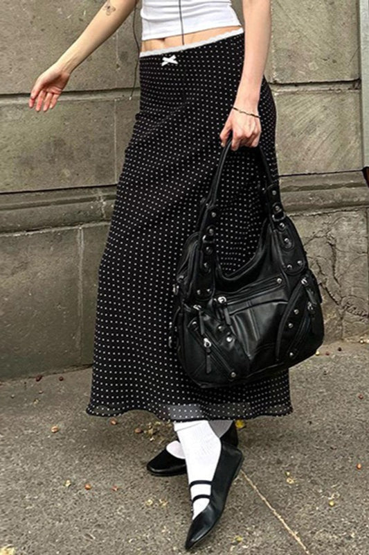 Jupe moulante à pois et bordure en dentelle