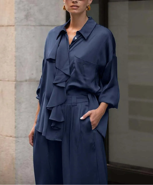 Ensemble chemise et pantalon à volants en satin bleu pour le bureau, deux pièces