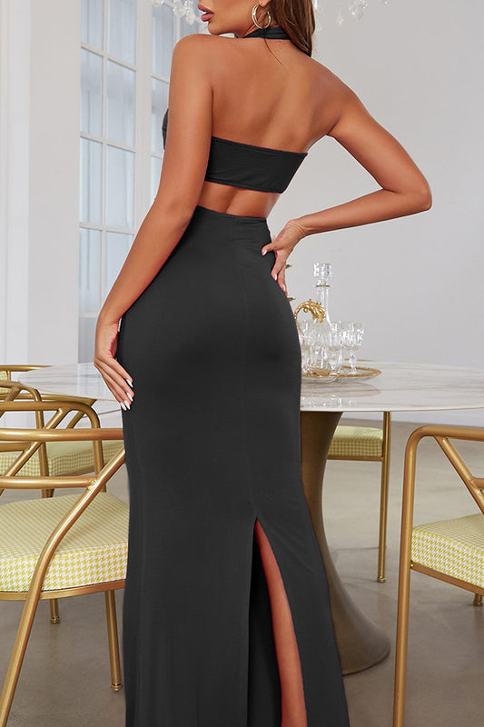 Halter Backless Cutout Split-Panel Party Dress