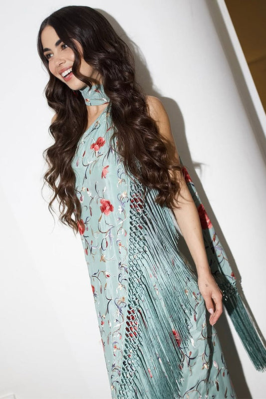 Robe fleurie dos nu sans manches à pompons imprimés