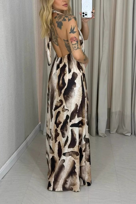 Robe longue dos nu à imprimé léopard