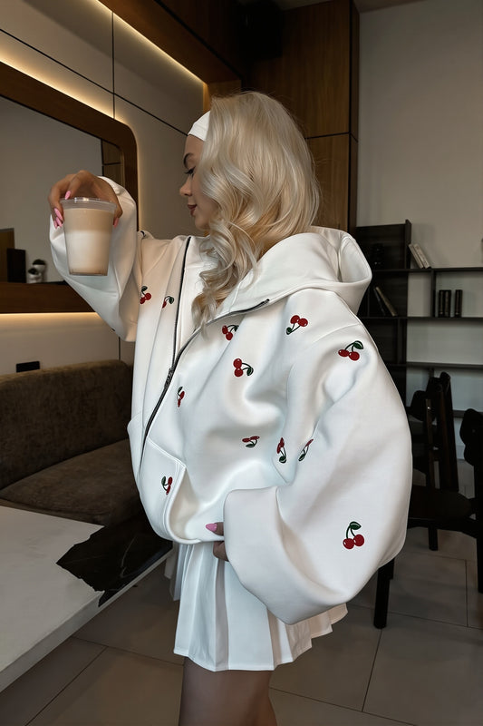 Cherry Print Oversized Zip Hoodie