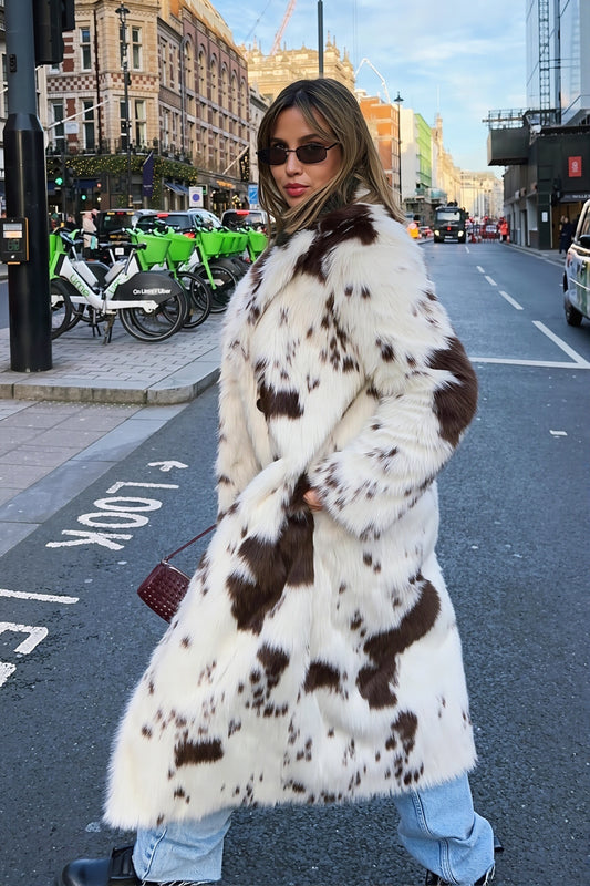 Cow Spot Plush Notched Lapel Long Coat