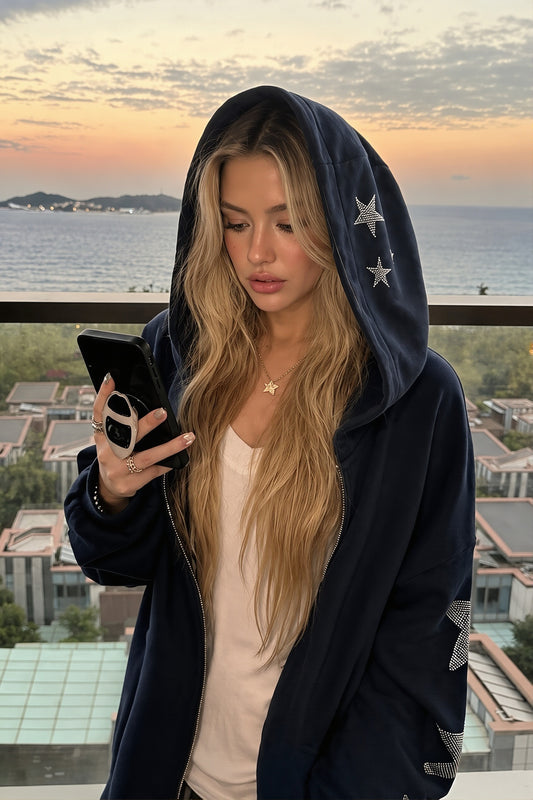 Rhinestone Star Oversized Zip Hoodie