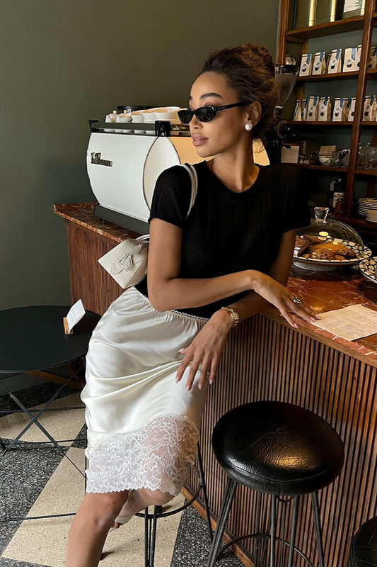 Lace-Hem Satin Midi Skirt