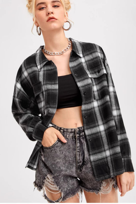 Plaid Stand Collar Button Shirt Blouse