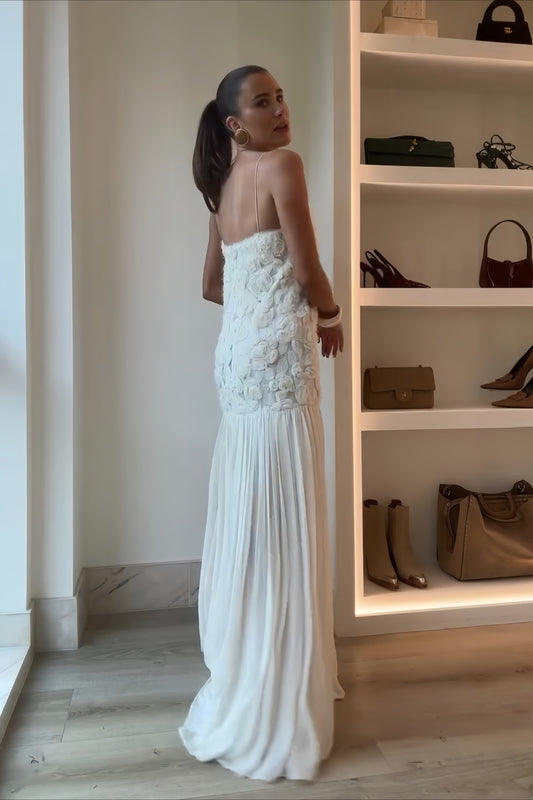 Robe longue caraco à volants et appliqué rose