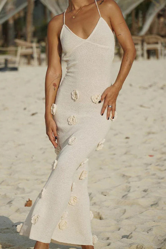 Robe longue ajustée en tricot floral, dos nu, à lacets