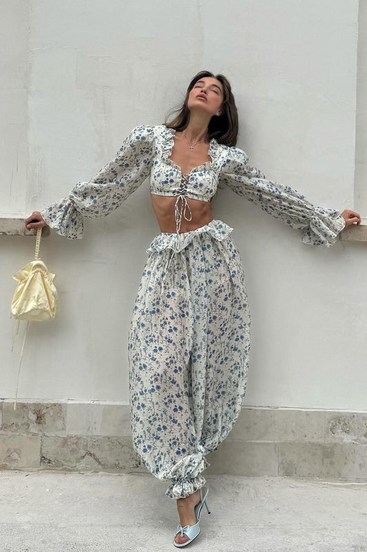 Ensemble deux pièces haut court à volants, col carré, imprimé floral, pantalon de jogging taille basse