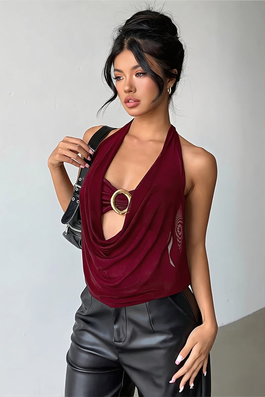 Sheer Mesh Ring Detail Cowl Halter Top